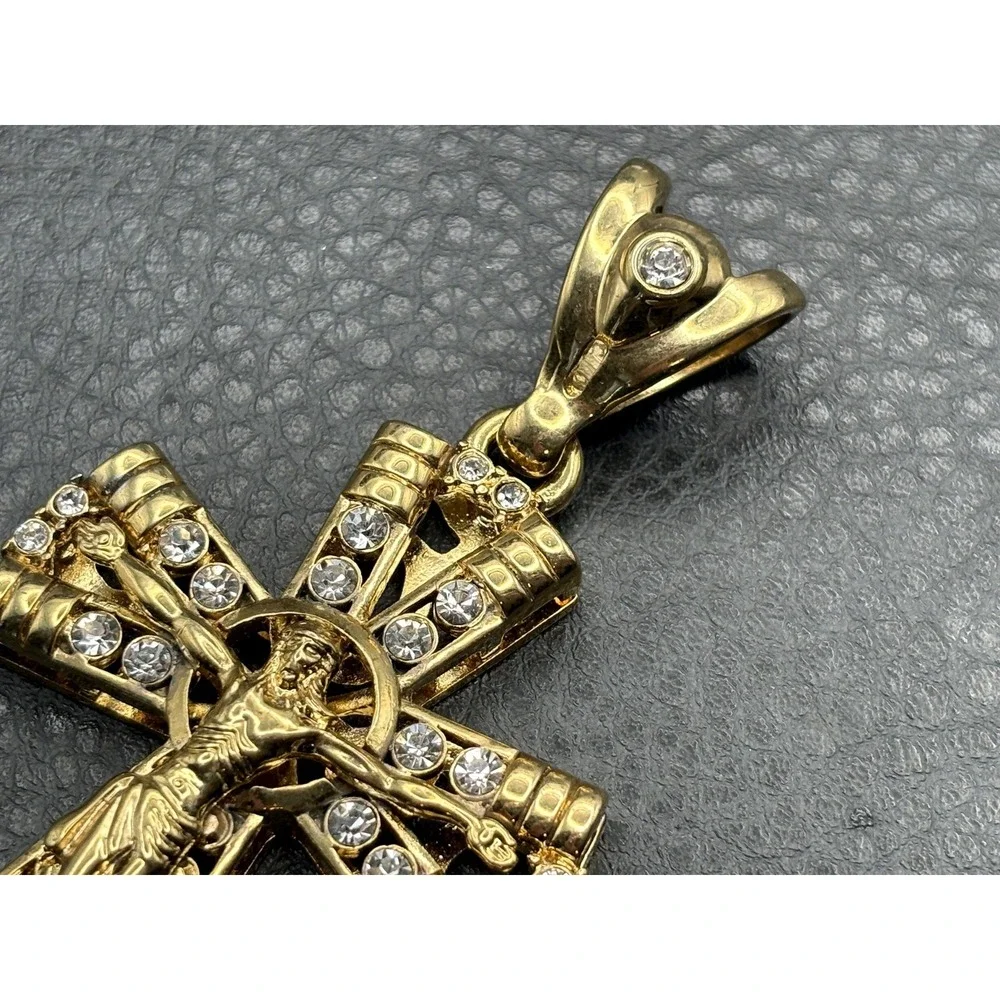HUGE Gold Tone Crucifix Cross Pendant Jesus Clear Rhinestone Religious Jewelry